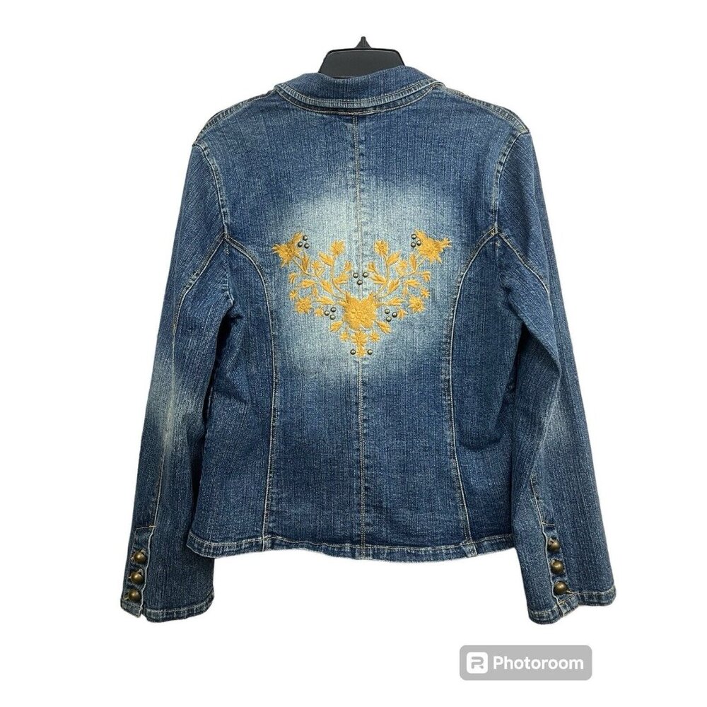Women Western Denim Blue Jean Jacket Sz 16 Floral Embroidered Studded Stretch